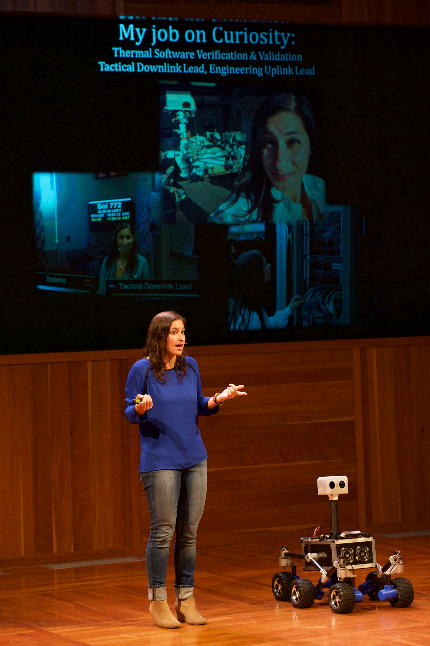Mallory Lefland, NASA JPL Engineer, & ROV-E demo robot (Remotely Operated Vehicle for Education)