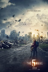 A teenage girl and a young boy hold hands with their backs to the camera as they stand in the middle of a destroyed urban scene. Movie poster. 