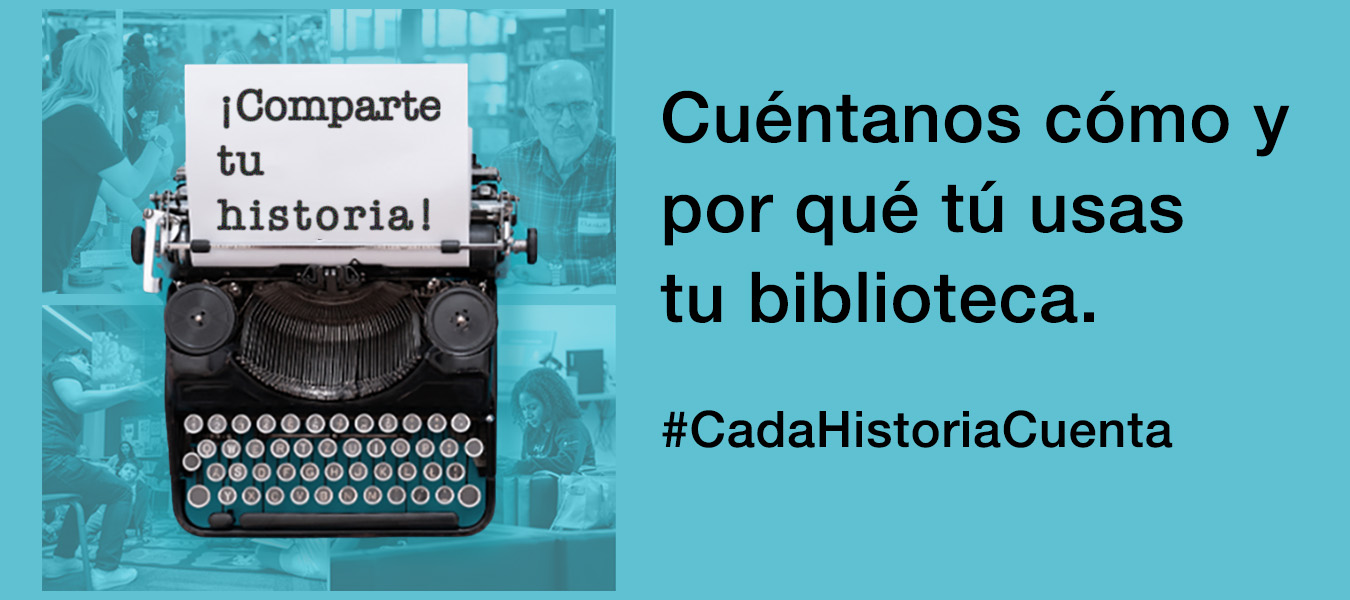 typewriter with text 'tell us how and why you use the library'.