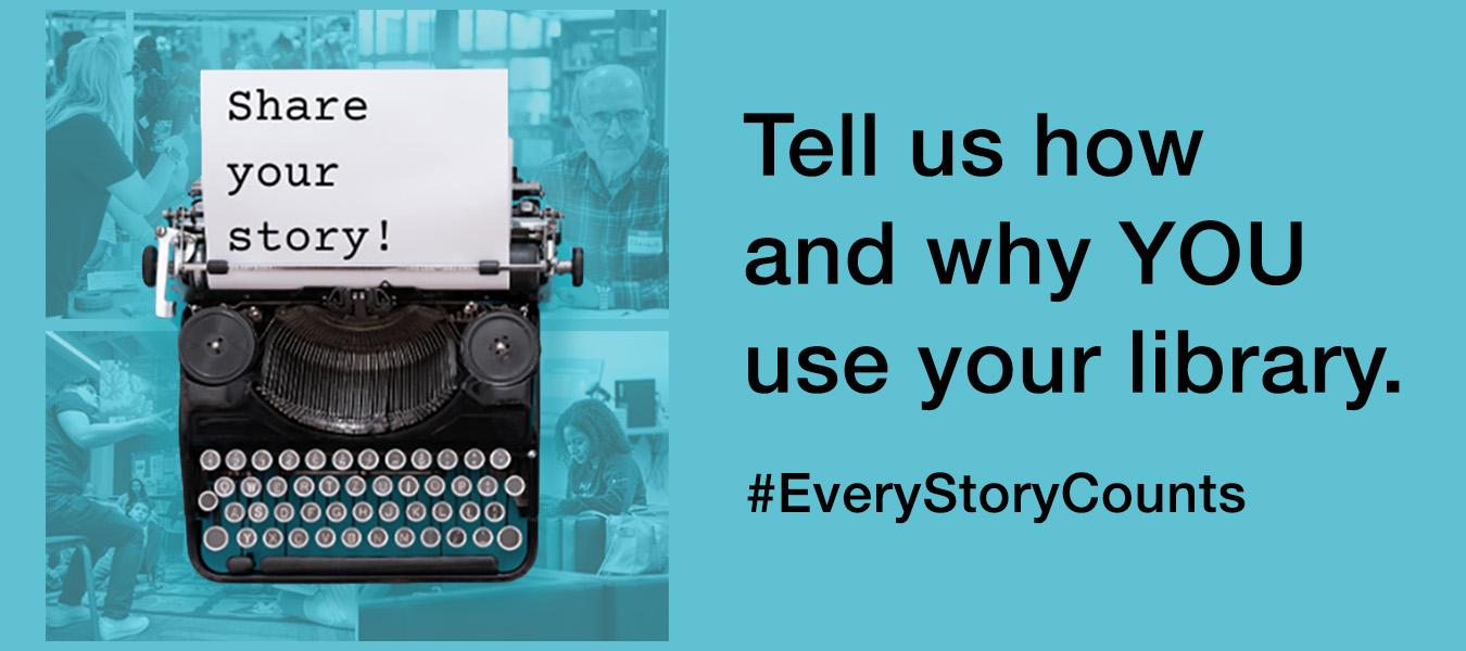 typewriter with text 'tell us how and why you use the library'.