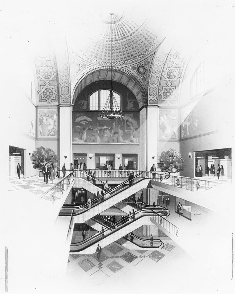 drawing of Central Library interior with cascading escalators