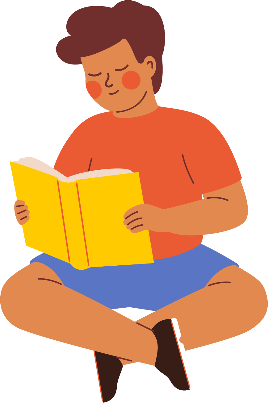 an illustration of a teen boy sitting cross-legged, reading a book