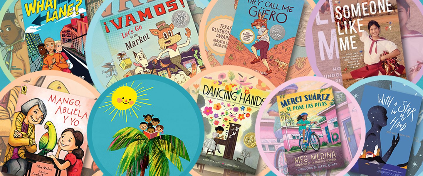 collage with servarl book covers of titles featured in the festival