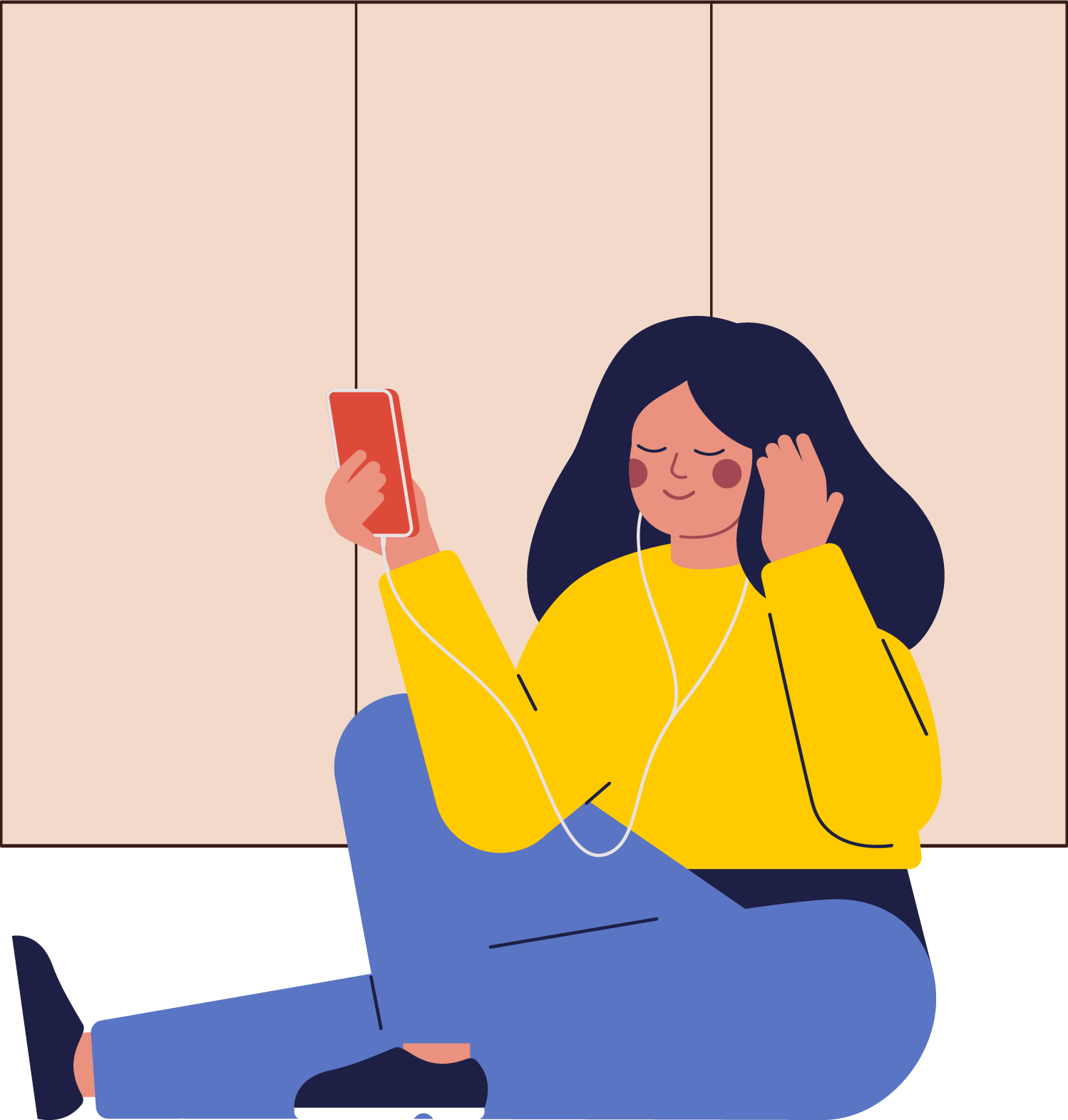 illustrated graphic of a woman wearing earphones listening to an audiobook
