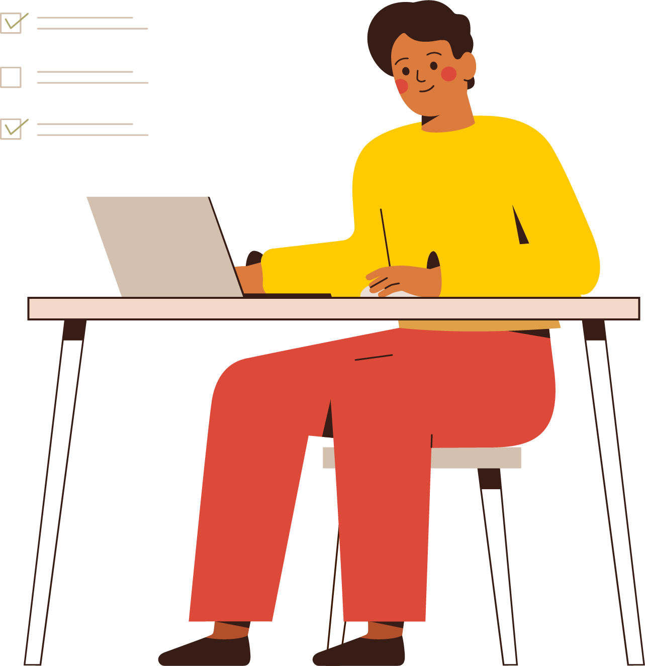 illustrated graphic of a man sitting at a table, working on his laptop