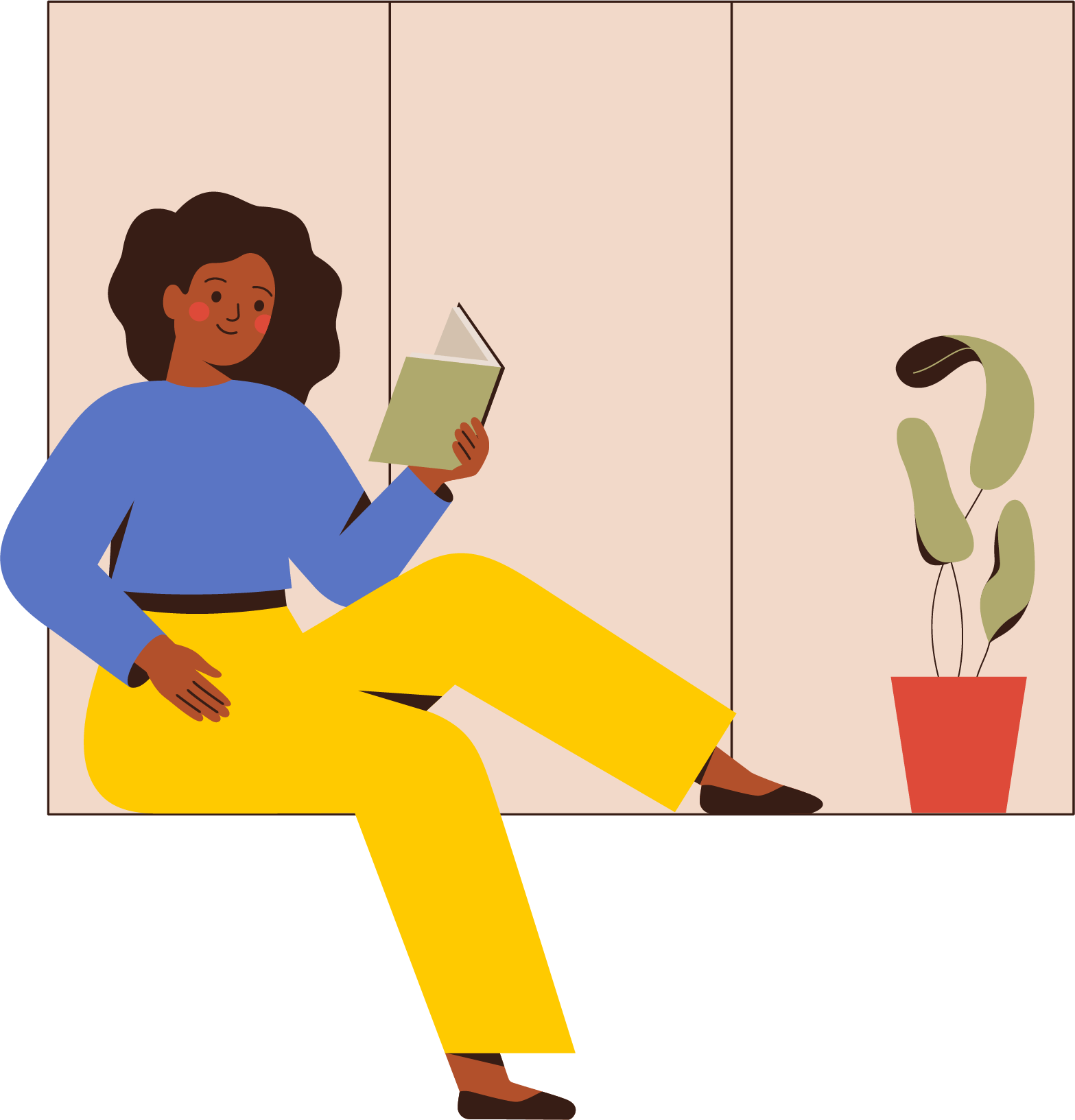 illustrated graphic of a woman reading while sitting on a windowsill, a plant beside her