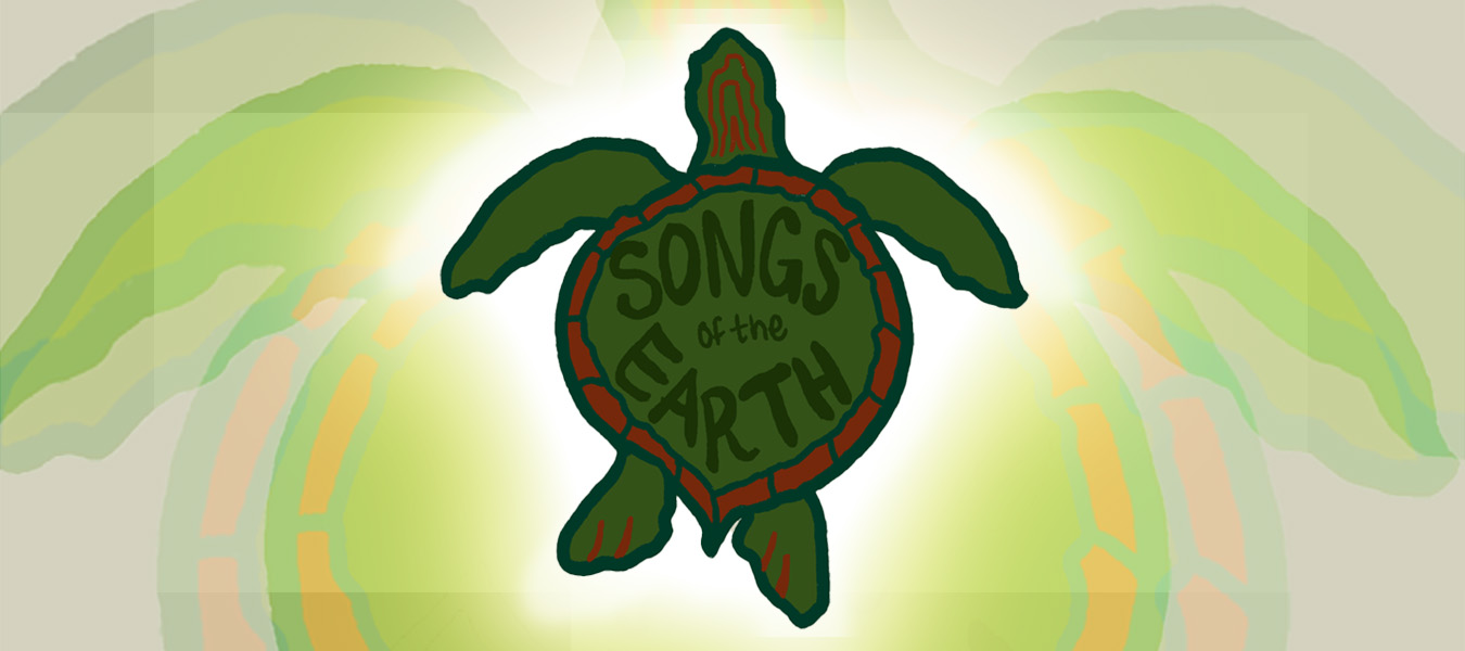illustration of turtle with 'songs of the earth' written on its shell