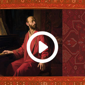 Painting of Komitas with play button overlaid
