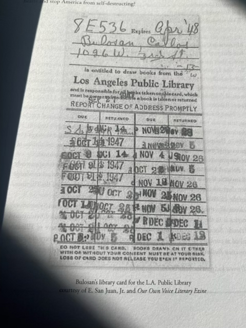 black and white photo of Carlos Bulosan's library card