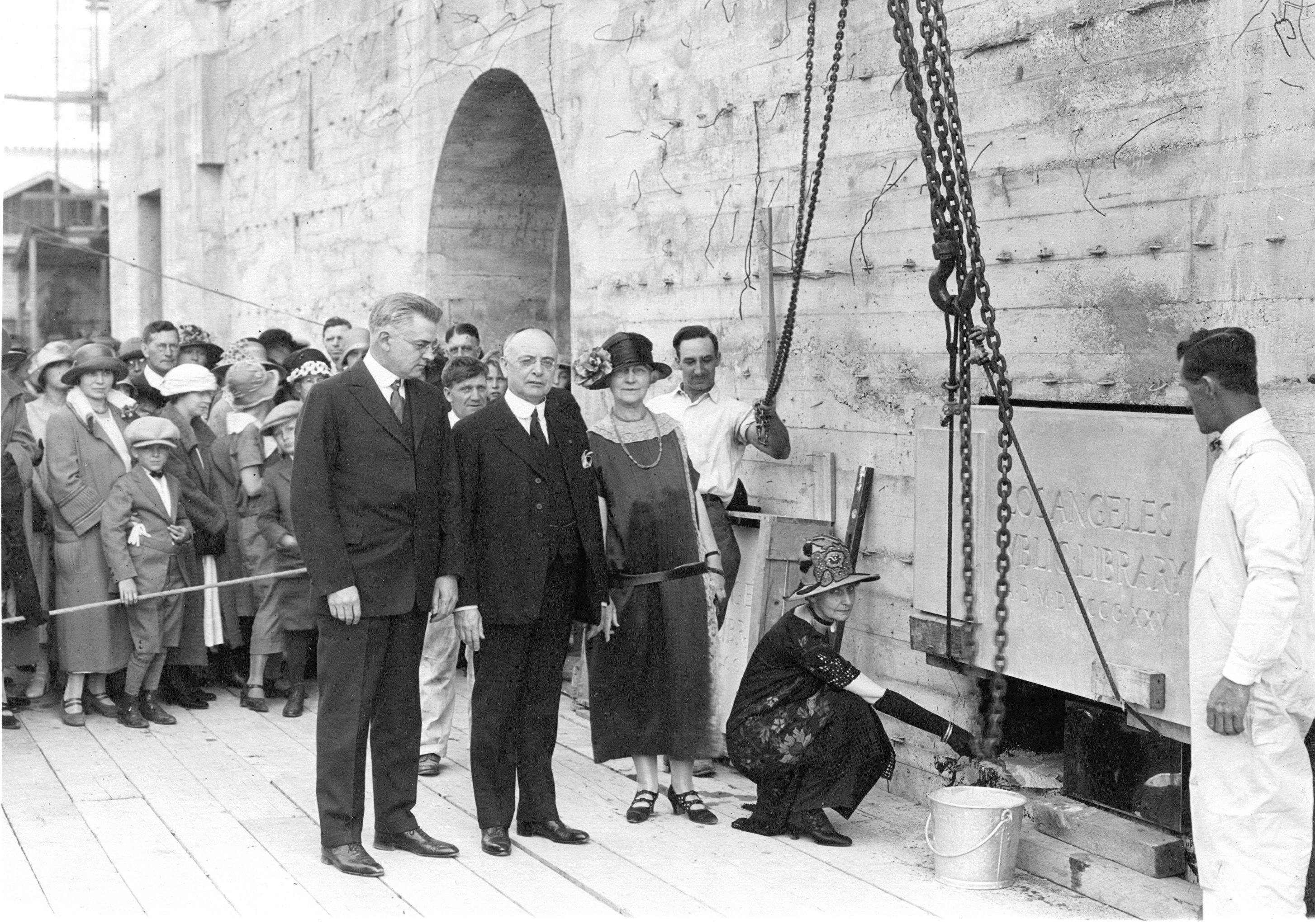 historic photo of Central Library's cornestone and time capsule placement