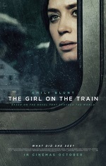 A woman looks out the window of a train. Movie poster. 