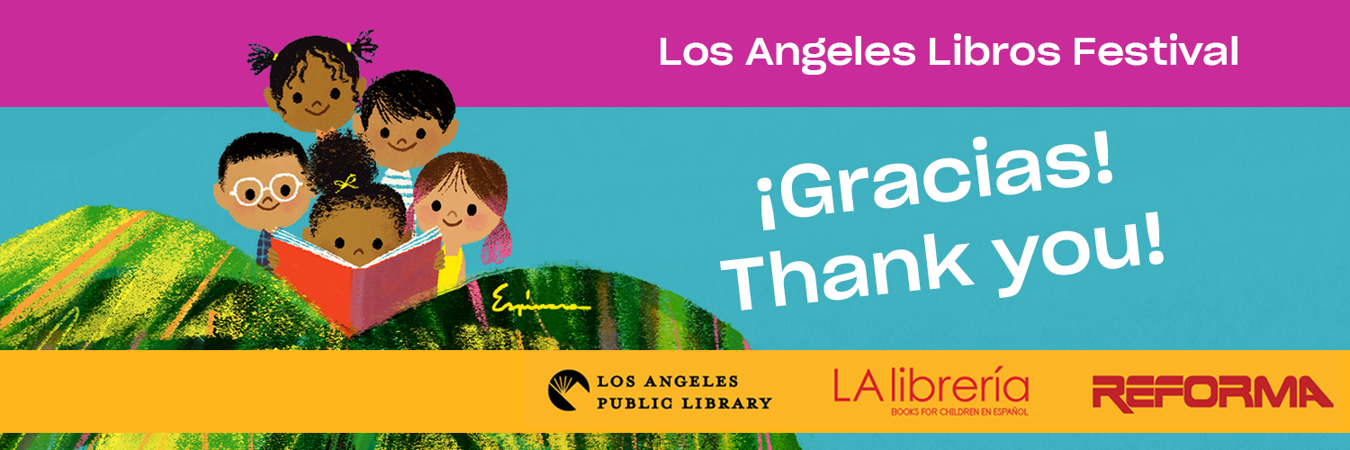 Kids reading a book on top of a palm tree and a smiling sun over a blue sky, and text that reads thank you gracias