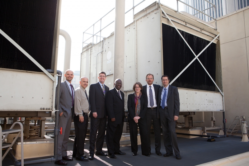 From left: David Hodgins, Executive Director, Better Buildings Challenge, U.S. Department of Energy; Daniel Rodriguez, Project Manager, General Services Department (GSD); City Librarian John F. Szabo; Tony Royster, General Manager for the General Services Department (GSD); Kathleen Hogan, U.S. Deputy Assistant Secretary for Energy; Matt Petersen, L.A.’s Chief Sustainability Officer; and Ted Bardacke, L.A.’s Assistant Chief Sustainability Officer.