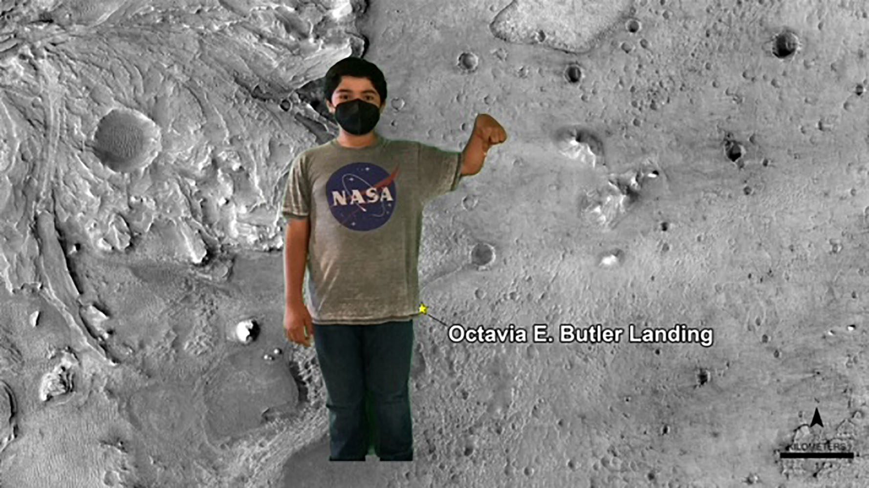 a boy using use the green screen to appear on the moon