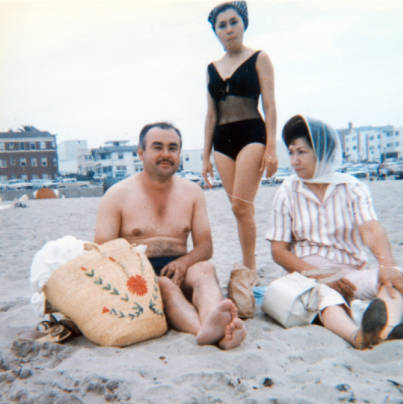 Fanny with her husband Jose and a friend at the beach, possibly in Long Beach. Ca 1968