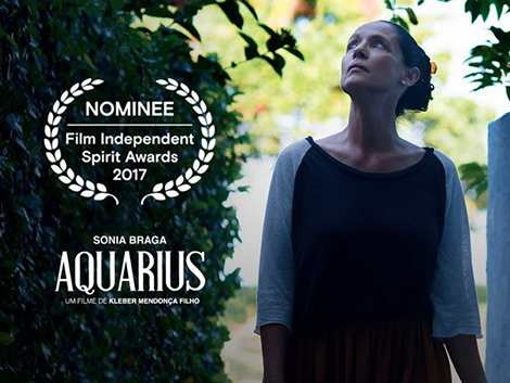 a film still from the movie Aquarius. A woman standing next to a leafy tree, looking up, wearing a plain t-shirt