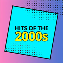 a large lavender and purple graphic with a turquoise square in the middle with the text, hits of the 2000s