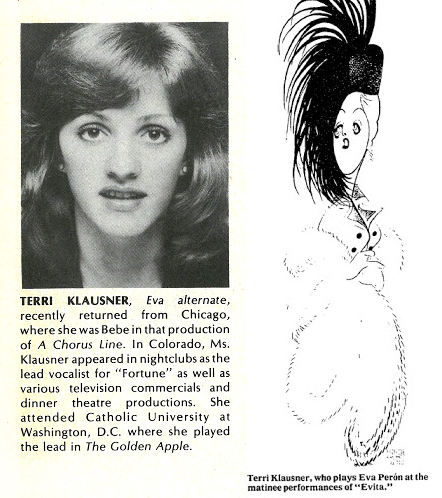(Left) Klausner’s bio from the LACLO program. (Right) The ingenue was immortalized by legendary caricaturist Al Hirschfeld as Eva