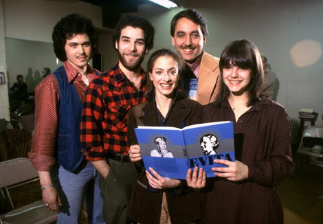 The principal cast members during New York rehearsals: (L-R) Mark Syers, Mandy Patinkin, Patti LuPone, Bob Gunton and Jane Ohringer from the Broadway production of the musical "Evita."