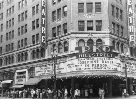 Crowds gather outside RKO Hillstreet Theatre located at 8th and Hill Streets in downtown Los Angeles,to see a 1945 appearance by Josephine Baker,