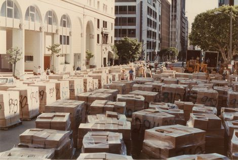 boxes of packed books lined up on Hope Street