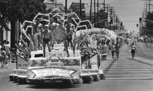 The Athletic Club float rolls down Santa Monica Boulevard