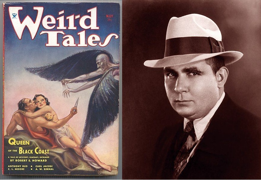 Weird Tales book cover and author Robert E. Howard in a fedora
