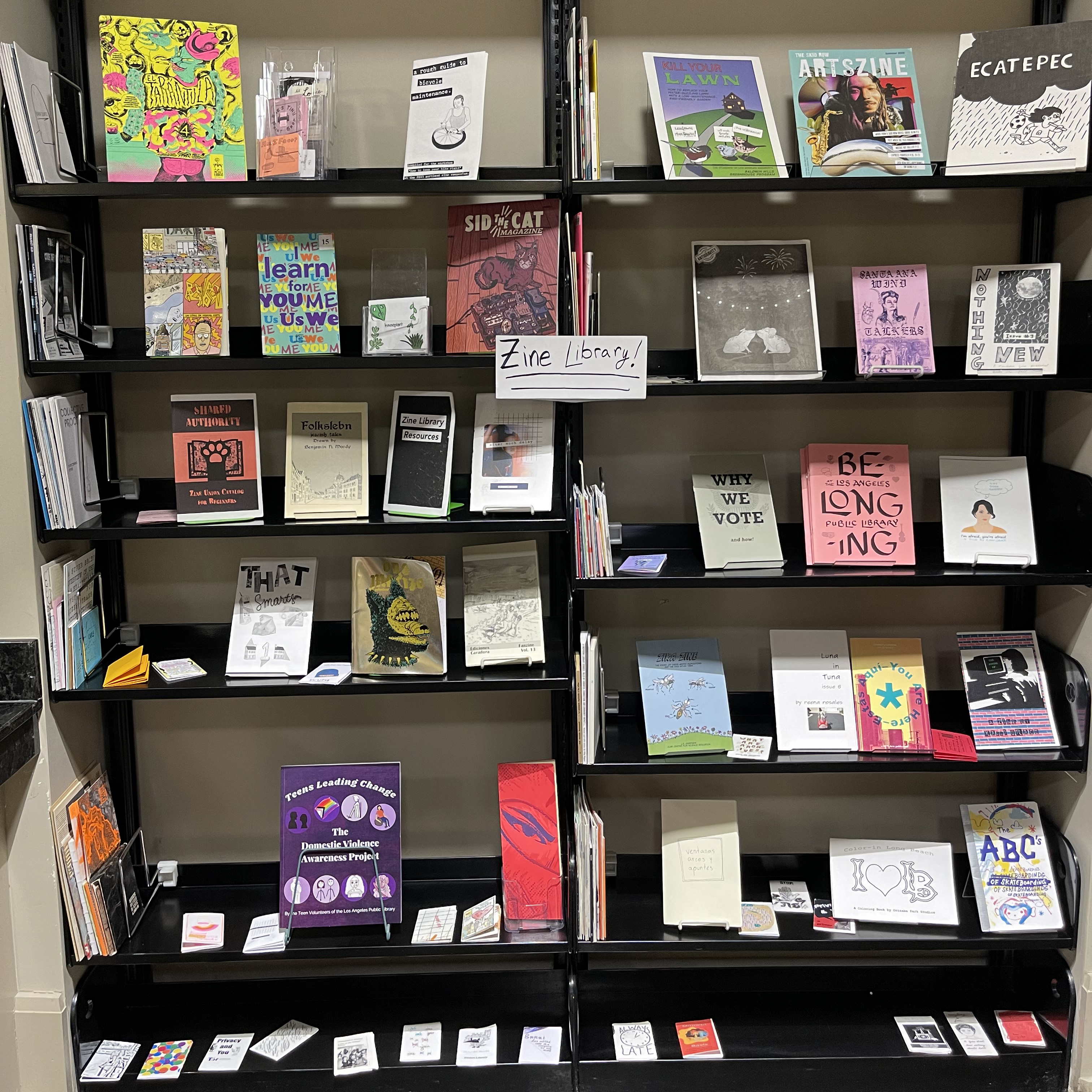 zine sign, and zines on a shelf