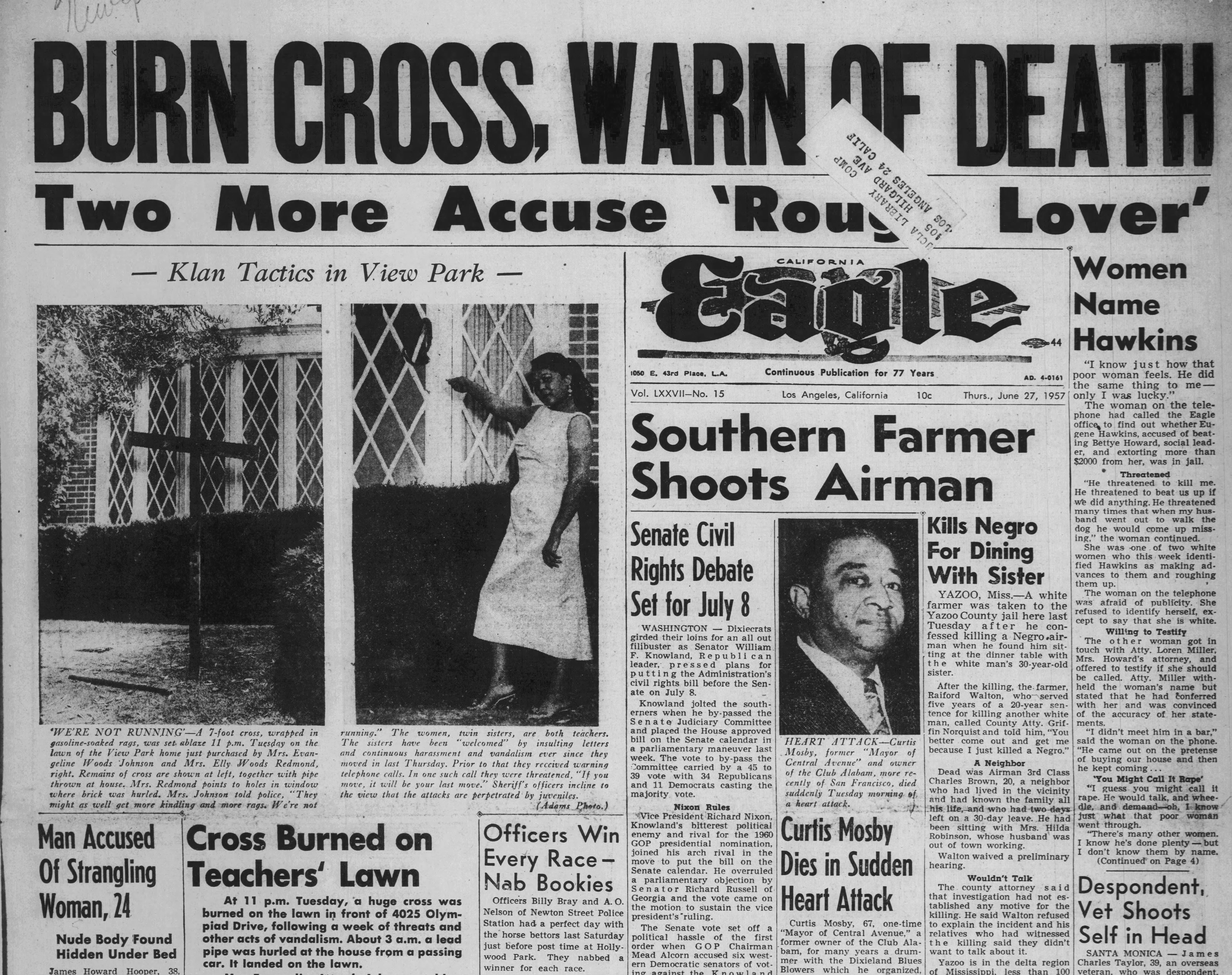 Burn Cross newspaper article. California Eagle