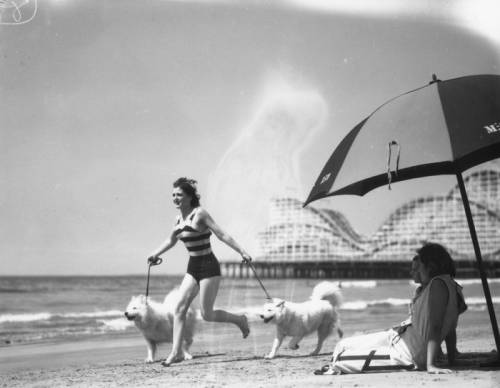 a young woman in a bathing suit runs along the beach holding dogs