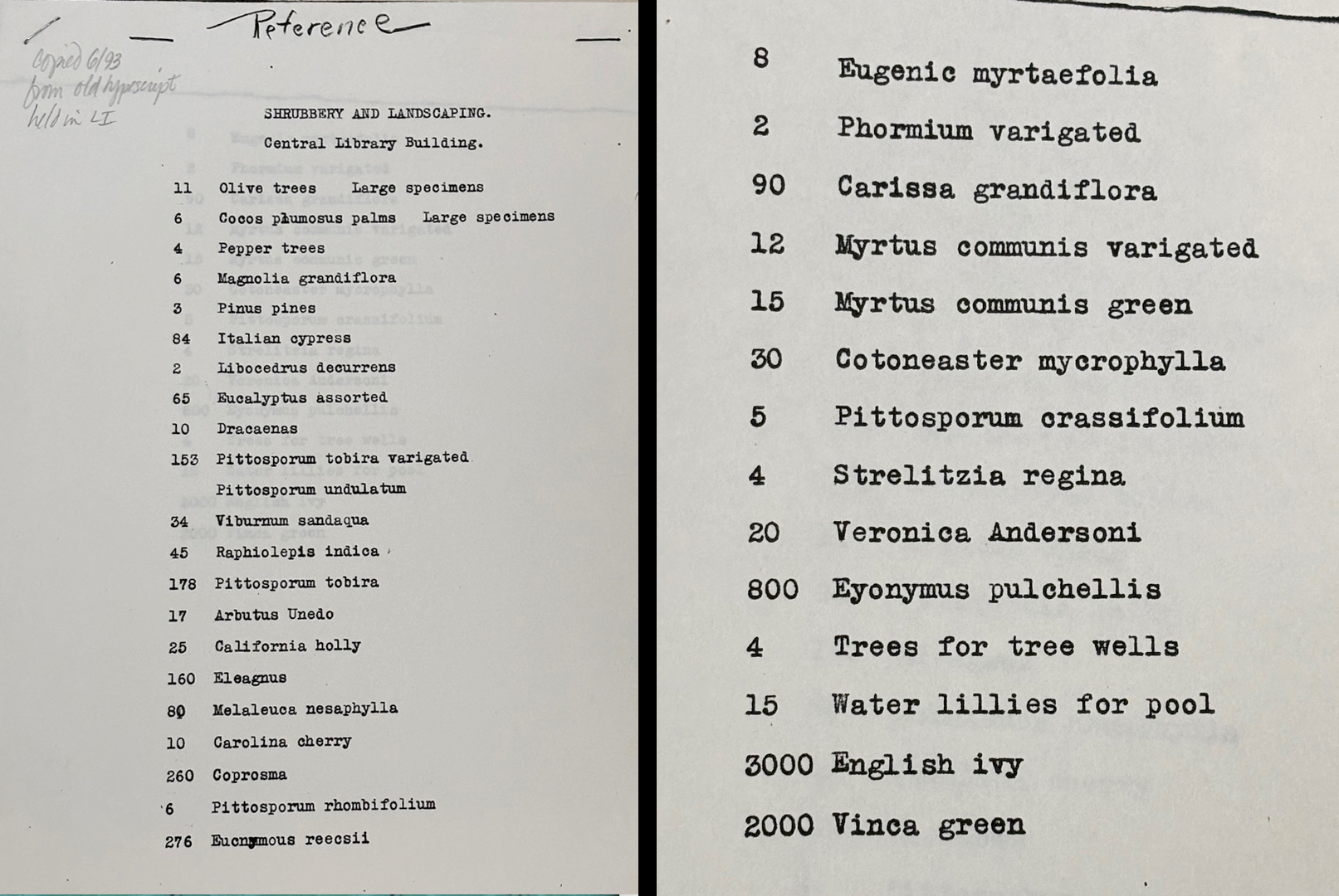 typed List the plants purchased for Central Library 1926