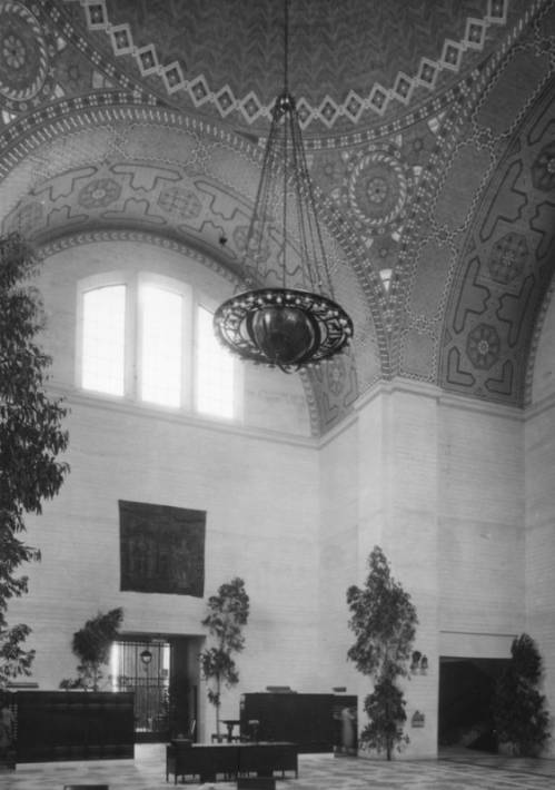 Rotunda's ornate ceiling and chandelier, Central Library