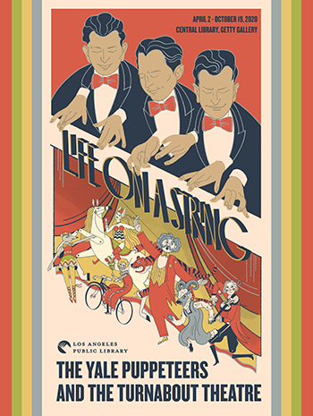 Life on a String exhibit promo poster with illustration of puppeteers and marionettes
