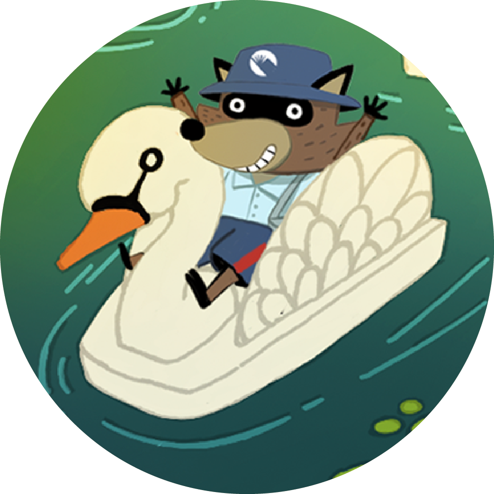 raccoon on a swan boat