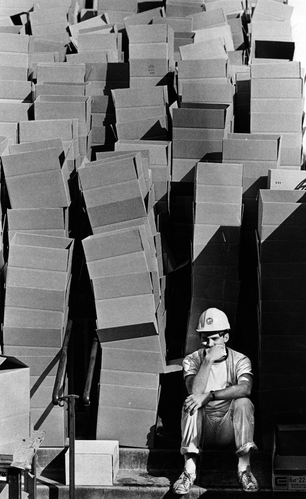 Library employee sits on steps surrounded by cardboard boxes
