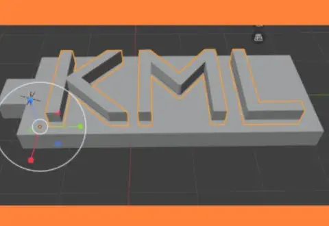 Graphic of the 3d model of keychain with the text KML on it, in Blender