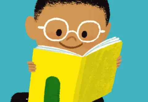 Libros Festival illustration. A boy with glasses reading a book.