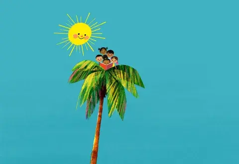 An illustration of a group of children reading on the top of a palm tree.