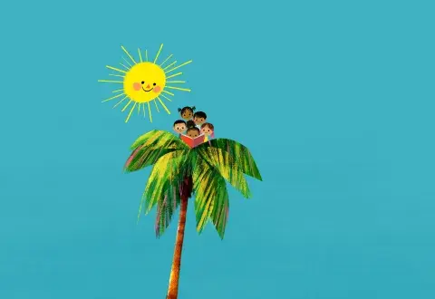 An illustration of children in a palm tree and a smiling sun in the sky.
