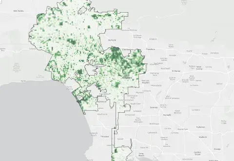 Map of Los Angeles with green indicating observation spots