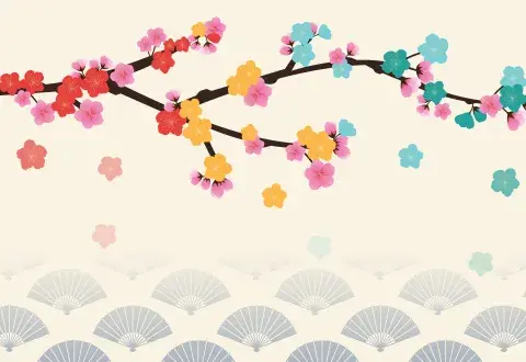 Flowers on a branch with a fan symbol