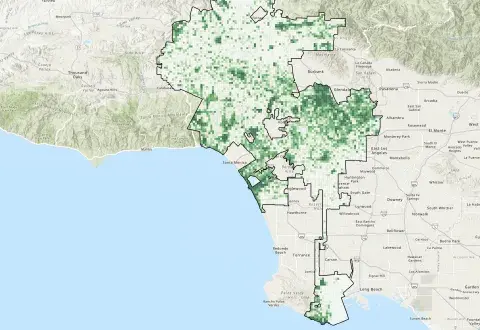 Map of Los Angeles with green indicating observation spots