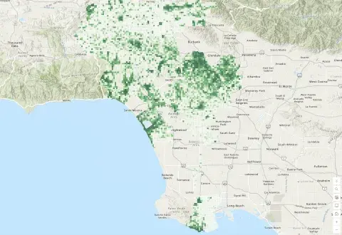 Map of Los Angeles with green indicating observation spots