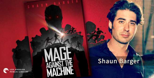 Collage of Shaun Barger and his first novel, Mage Against the Machine