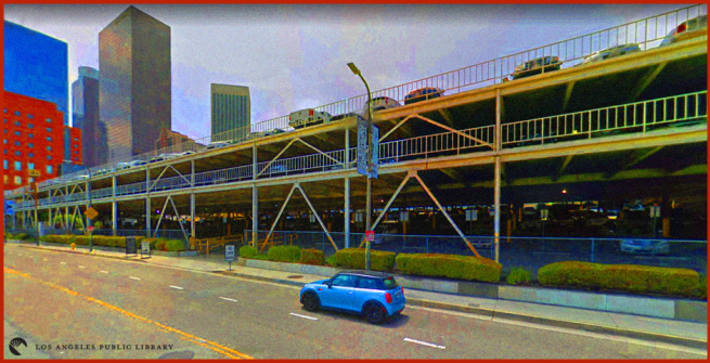 stylized view of the parking structure on first and olive