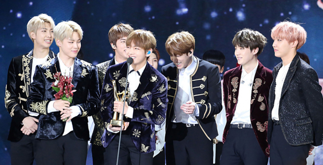 BTS receiving a Donsang award at the 31st Golden Disk Awards in Seoul in 2017.