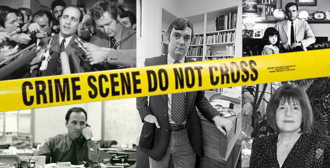 l to r: Authors Vincent Bugliosi, Darcy O'Brien, Dominick Dunne, Joseph Wambaugh and Joan Renner