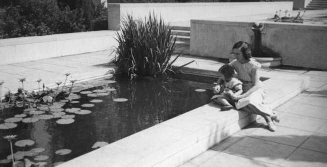 Photo of Woman and Child Sitting By Lily Pond