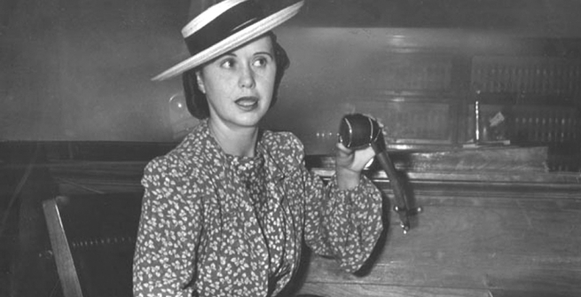 Ann Forst testifies in court regarding collaboration with LAPD Vice Squad in photo dated August 5, 1940.