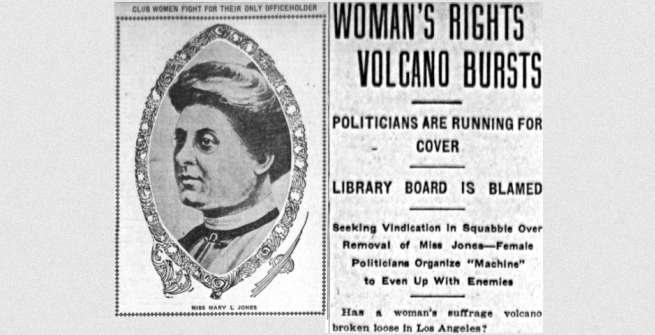 Los Angeles Herald headline from July 24, 1905 reads "woman's rights volcano bursts"